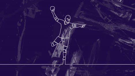 animation of drawing of male handball player throwing ball and shapes on blue background