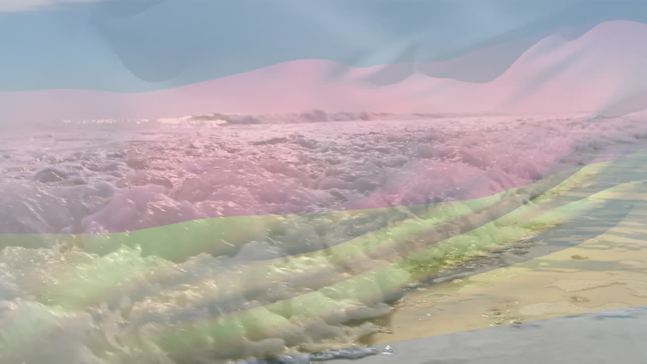 독일 국기가 바다에 부 ⁇ 히는 파도 위에서 흔들리는 애니메이션