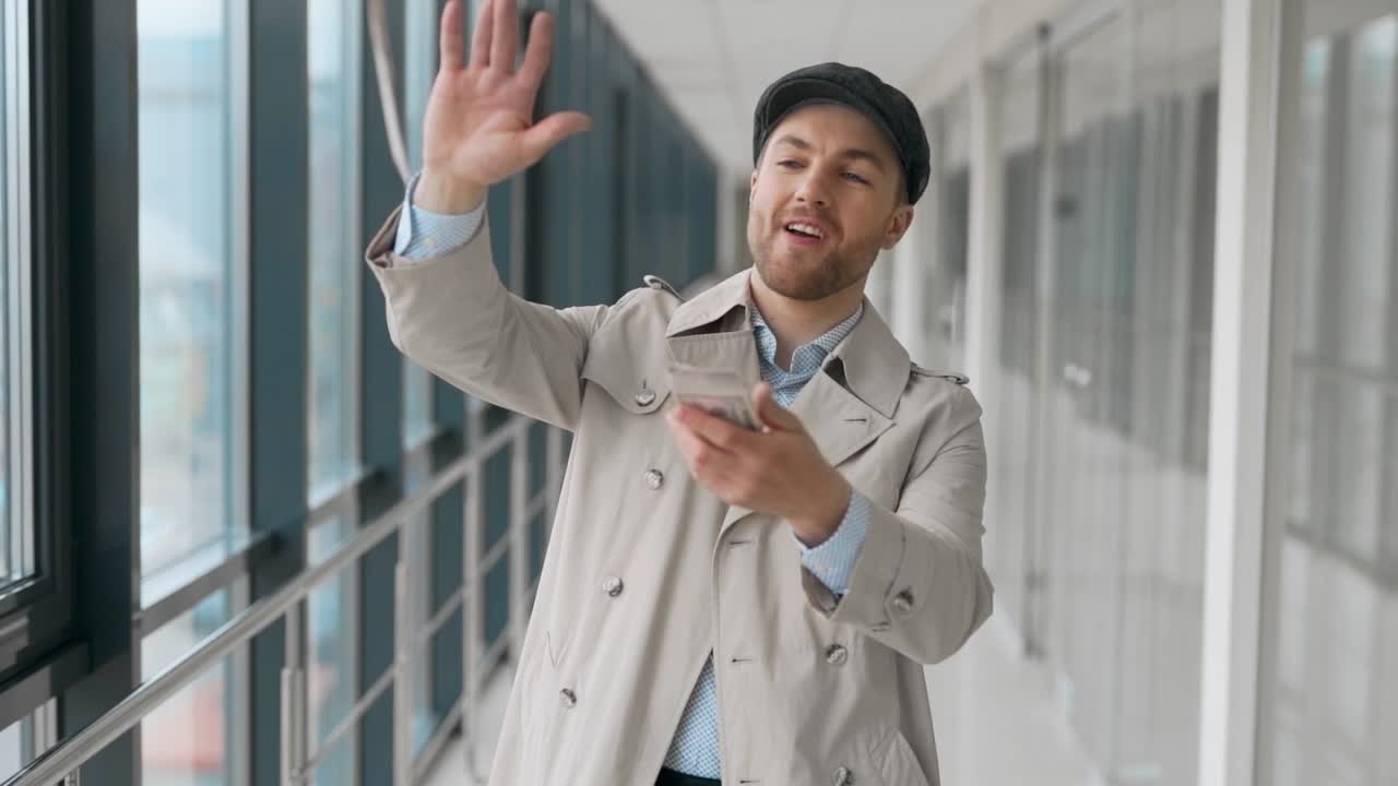 respectable adult man walking down the hall scattering banknotes