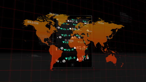 Animación-Del-Mapa-Mundial-Sobre-Tableta-Con-Procesamiento-De-Datos-Financieros-En-Pantalla-Sobre-Fondo-Negro