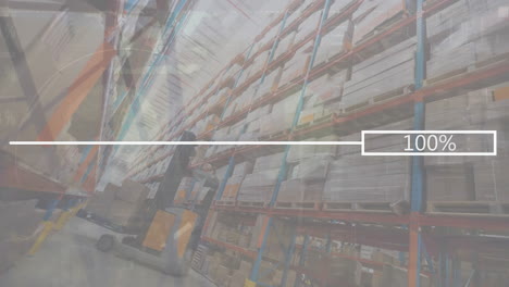 animación de números cambiantes en la barra y la línea sobre vista de ángulo bajo de cajas de cartón en el almacén