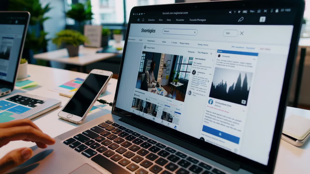 Person working on laptop in a modern office