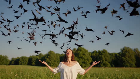 woman in nature with birds flying around
