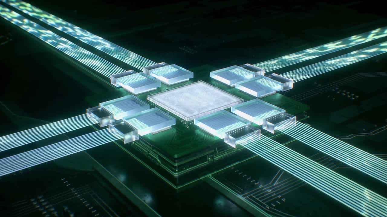 Glowing Data Streams Connecting a Central Processor