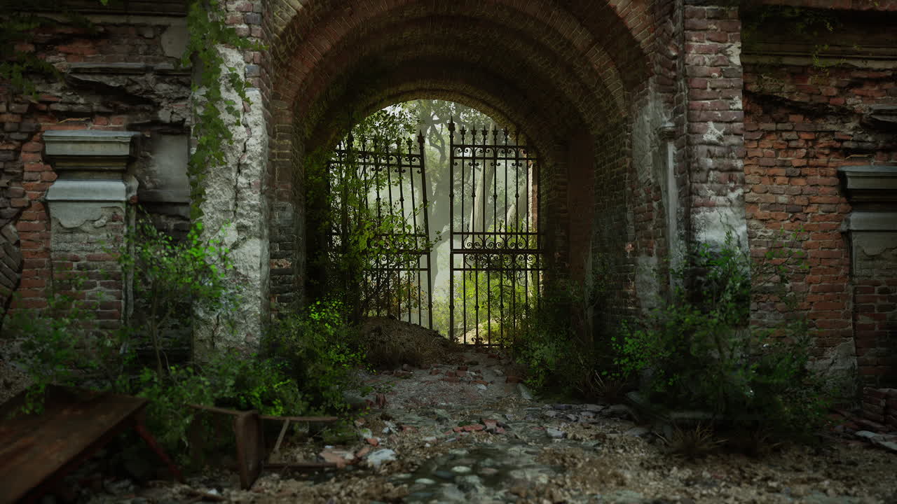 Ruins of an old european mansion gate surrounded by overgrown foliage