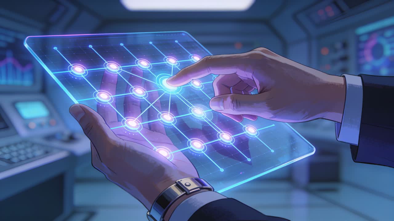 Holding tablet tech guiding right finger tapping nodes at console, suit cuff watch adjusting glow