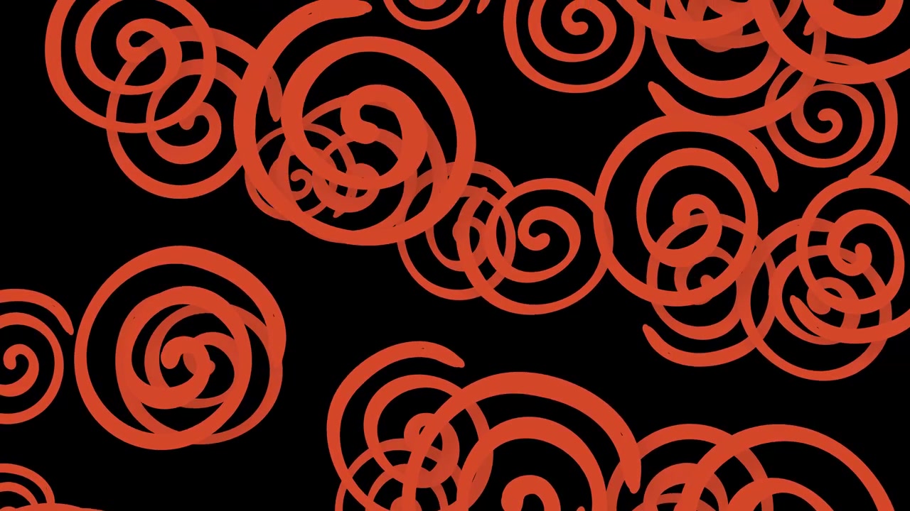Abstract red hand-drawn spirals fall continuously against a dark background in a playful animation.