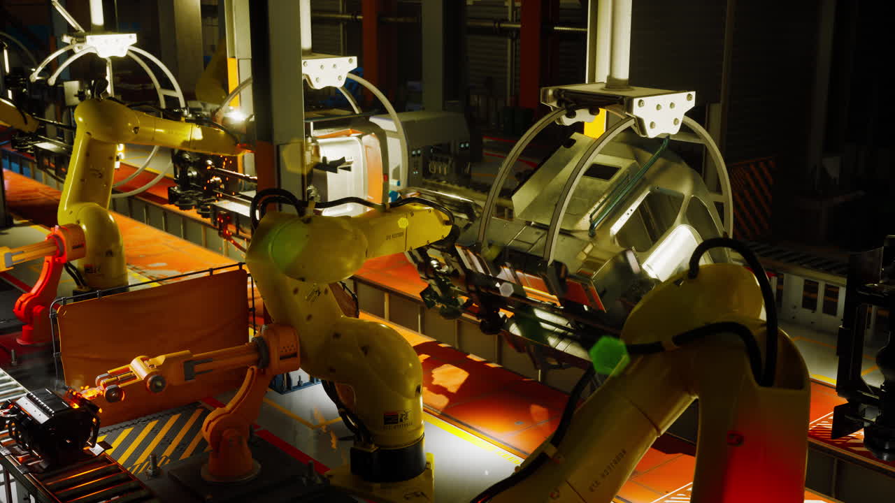 Automated conveyor belt system in a factory during evening operations