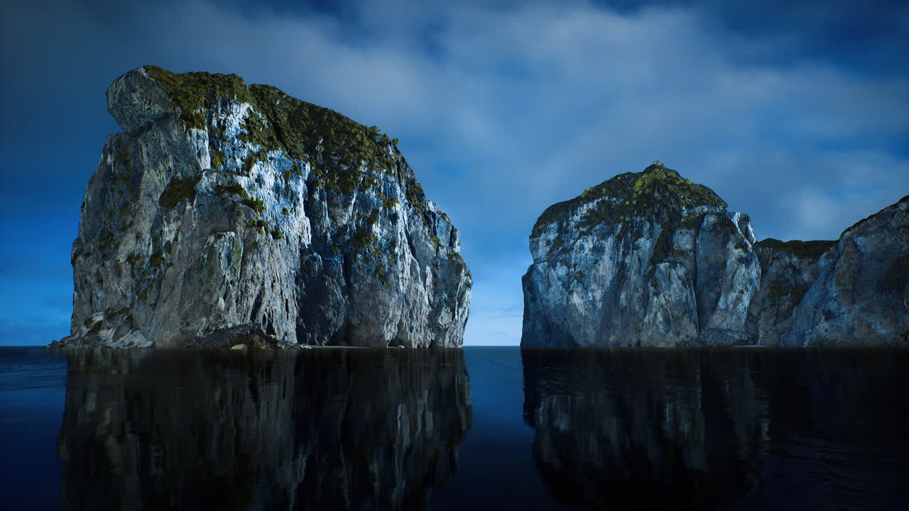 웅장한 바위 형성은 어두운 시간 동안 평온한 물에서 반사됩니다.