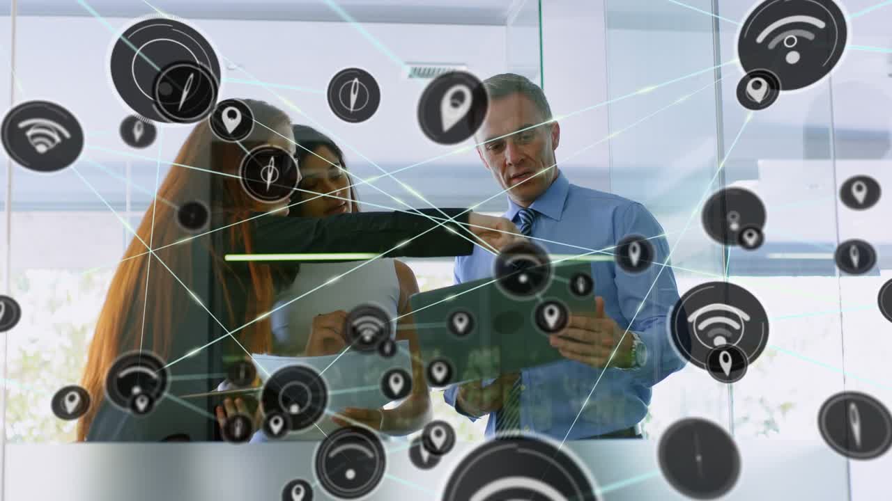 Animation of network of connections over diverse businesspeople in office