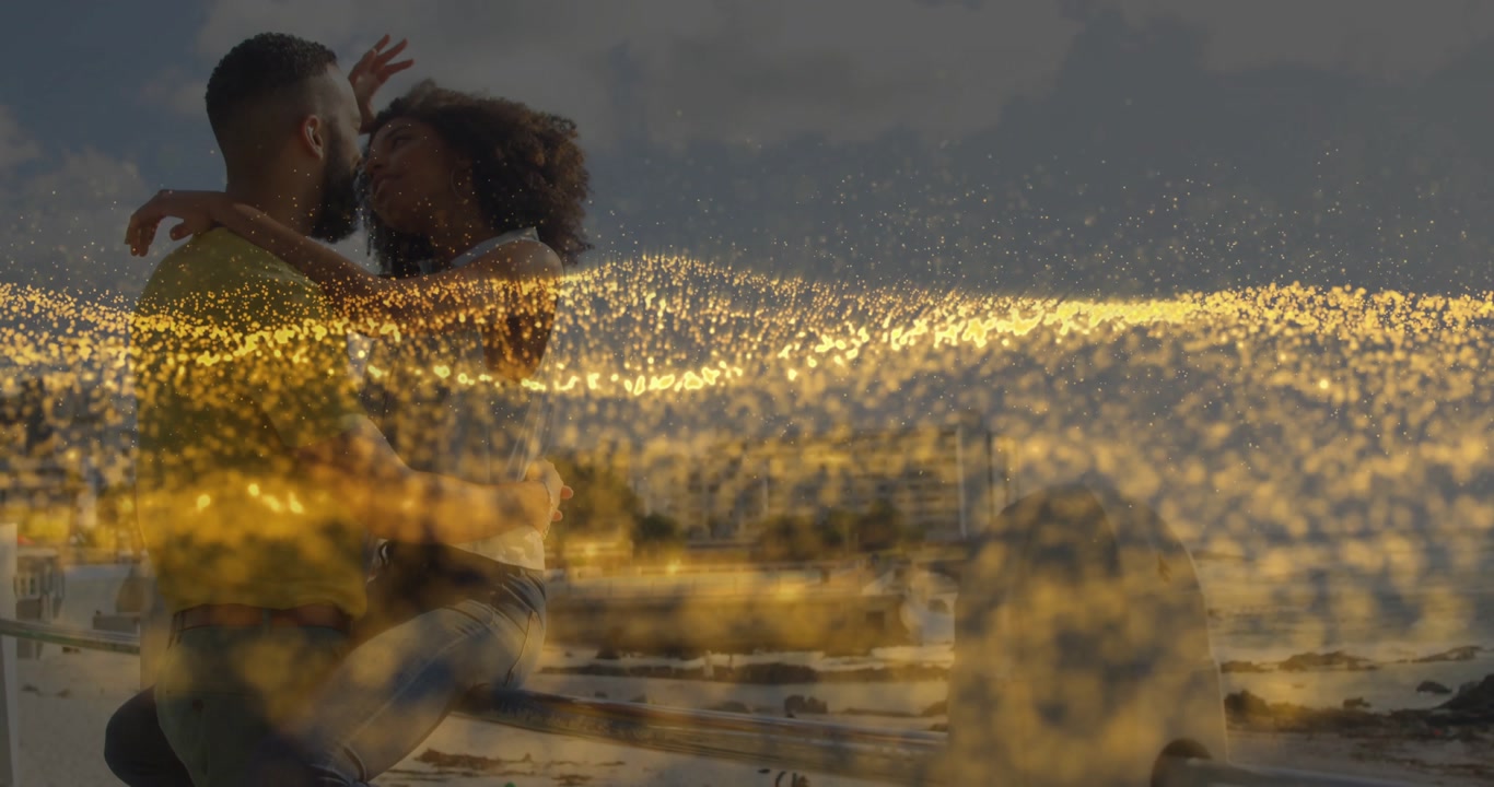 Couple arriving railing stepping rail embracing kissing while golden overlay rising boosting travel