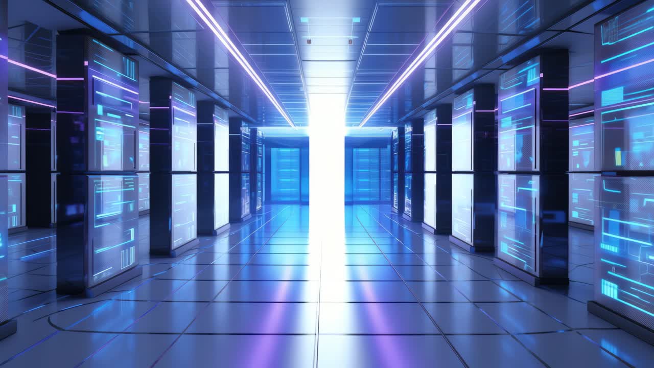 Futuristic data center with neon lights and glowing screens