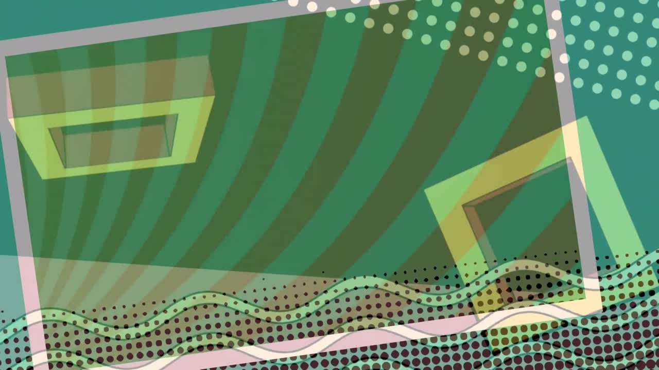 Animazione digitale di forme astratte colorate che si muovono su uno sfondo verde