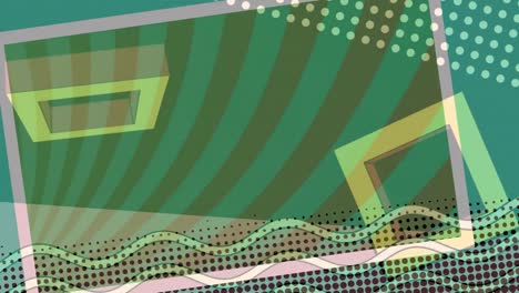 digital animation of colorful abstract shapes moving against green background