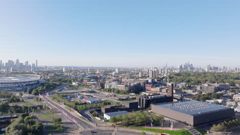 rising aerial shot over hackney wick looking towards central london