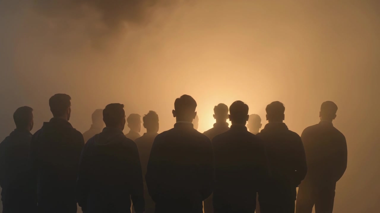Reagendo a un controluce che si intensifica, uomini in silhouette si stringono sul palco con nebbia e giacche.