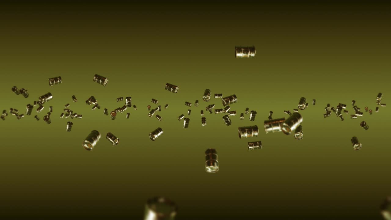 Flying many old fuel drums on brown background. Chemical industry, Metal barrels. 3D animation of oil tank rotating. Loop animation.