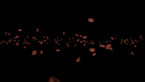 flying many coffee beans on black background. caffeine drink, breakfast, aroma. 3d animation of roasted coffee beans rotating. loop animation.