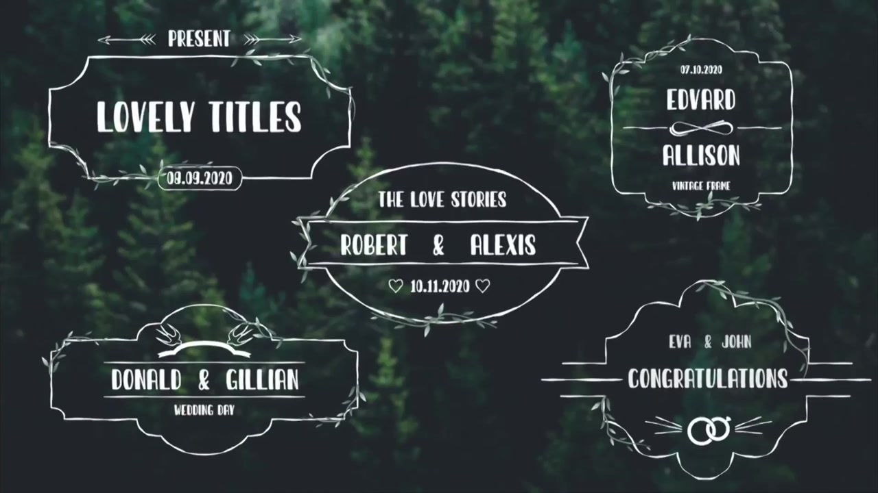 Animated Rustic Wedding and Love Story Title Frames on Forest Background