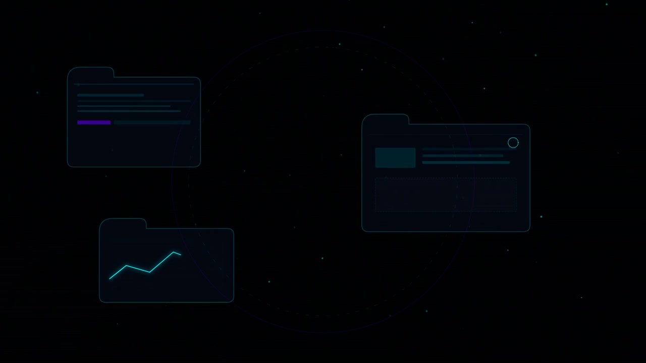 Digitální rozhraní s animovanými složkami dat a grafy.