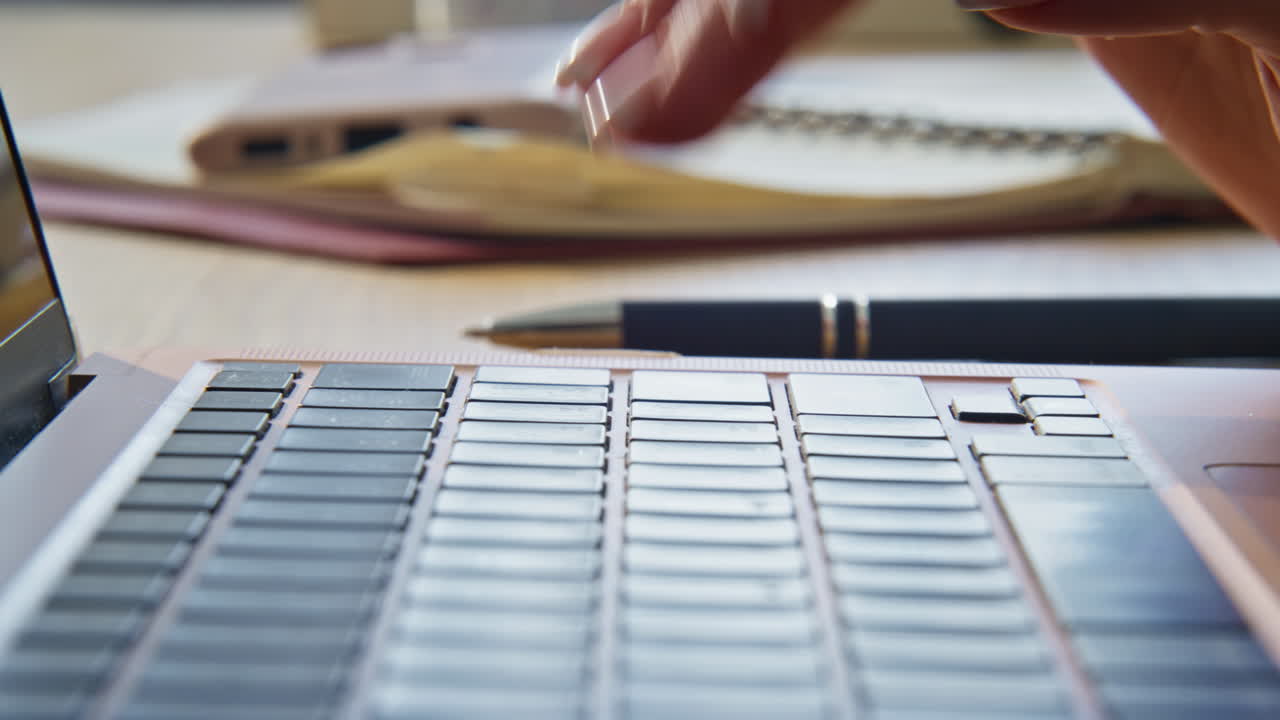 Woman hands typing keyboard laptop closeup. Freelancer fingers pressing buttons