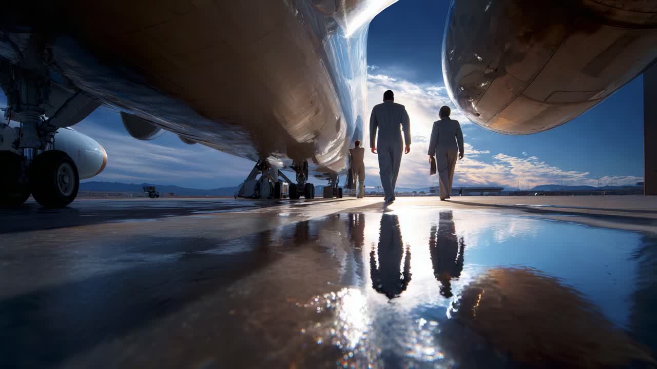 A Group of Business Professionals Walks Confidently Towards a Luxurious Jet at Dusk, Their Serene Reflections Mirroring on the Polished Runway Surface Beneath Them