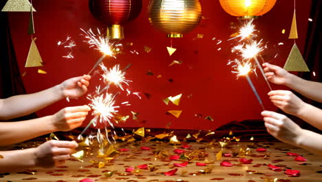 festive chinese new year celebration with sparklers and confetti