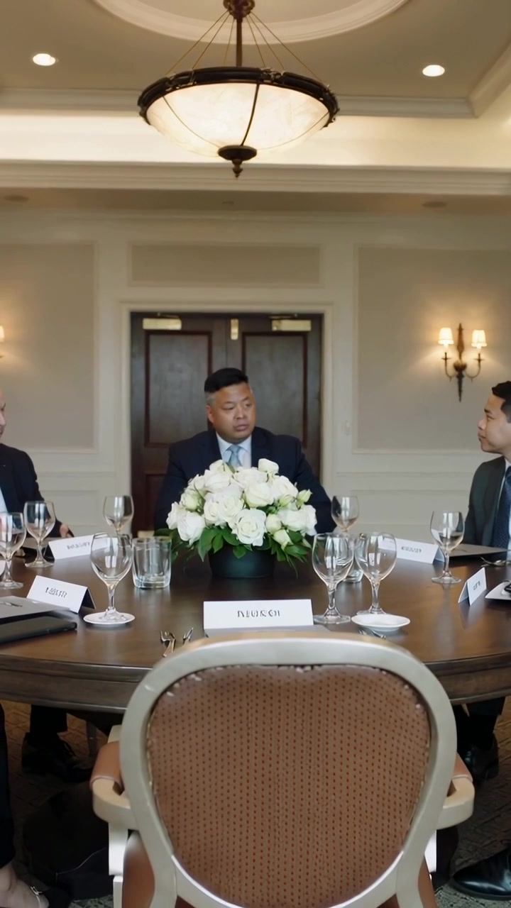 垂直影片：一名穿西裝的亞洲男子，在圓桌旁主持會議，不時向右瞥視，桌面中央擺放著裝飾品。