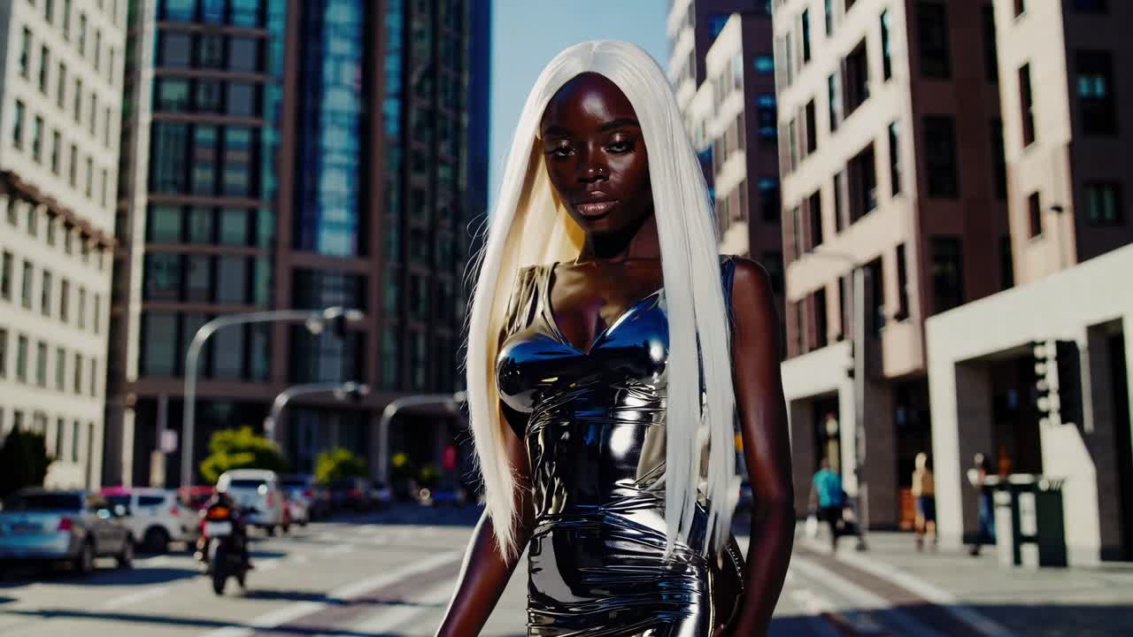 Fashionable dark skinned model with flowing white hair standing in sleek silver dress, urban cityscape background creating dramatic contemporary fashion moment