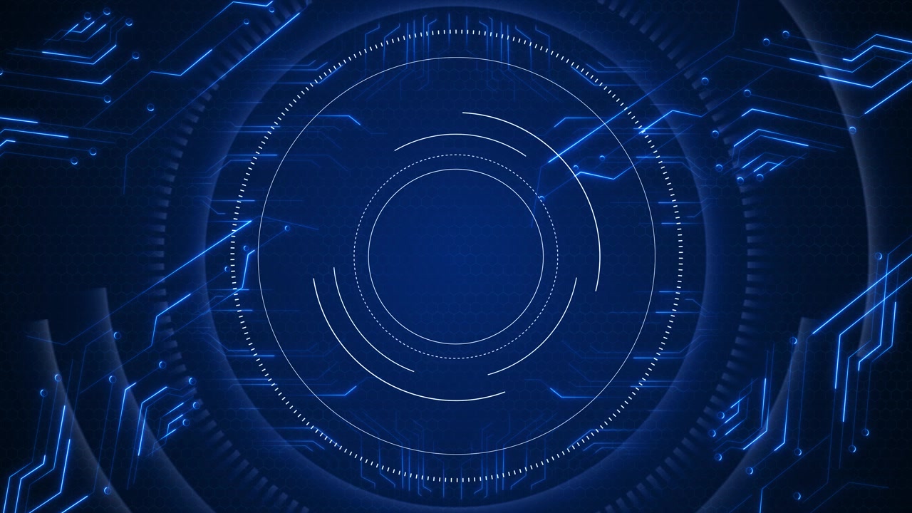 Blue circular hud interface with glowing rings circuit lines hexagon texture and futuristic