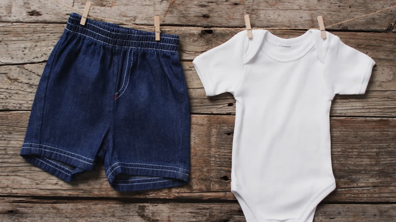 Video of baby grow and denim shorts hanging on clothes pegs with copy space on wooden background