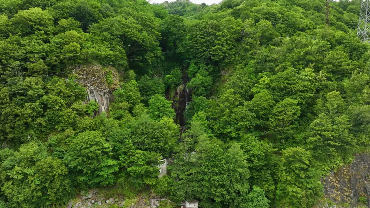 A dense green forest covers rocky terrain, with a small waterfall barely visible among the trees, hinting at nature’s hidden beauty