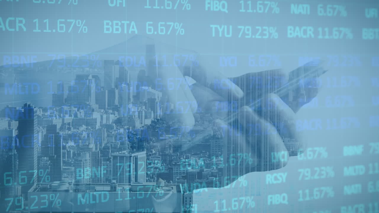 Animation of data processing and cityscape over hands of man using smartphone