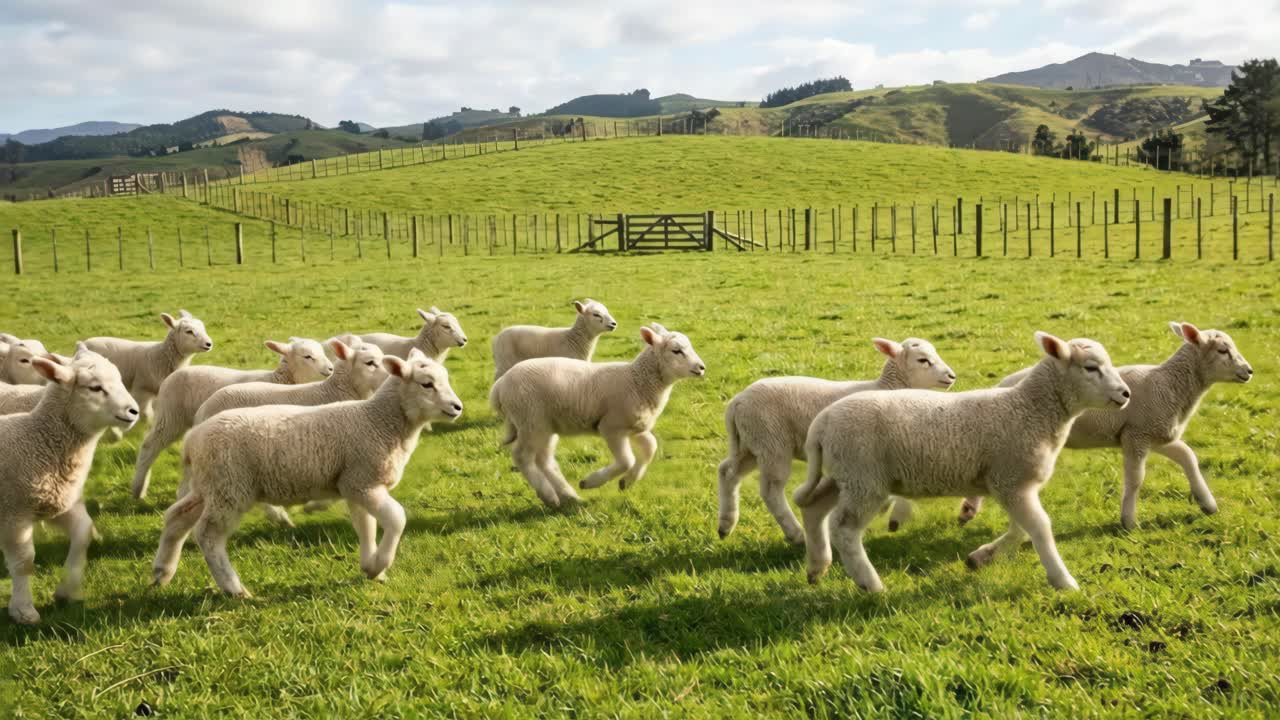 Un gregge di agnelli che corre in un campo verde