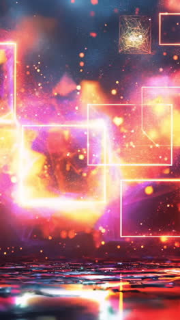 a colorful, abstract image of squares and triangles with a blue background. the squares and triangles are lit up in neon colors, creating a dynamic and energetic atmosphere