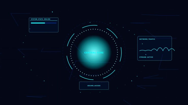 Futuristic Digital Interface with Central Core and Data Monitoring