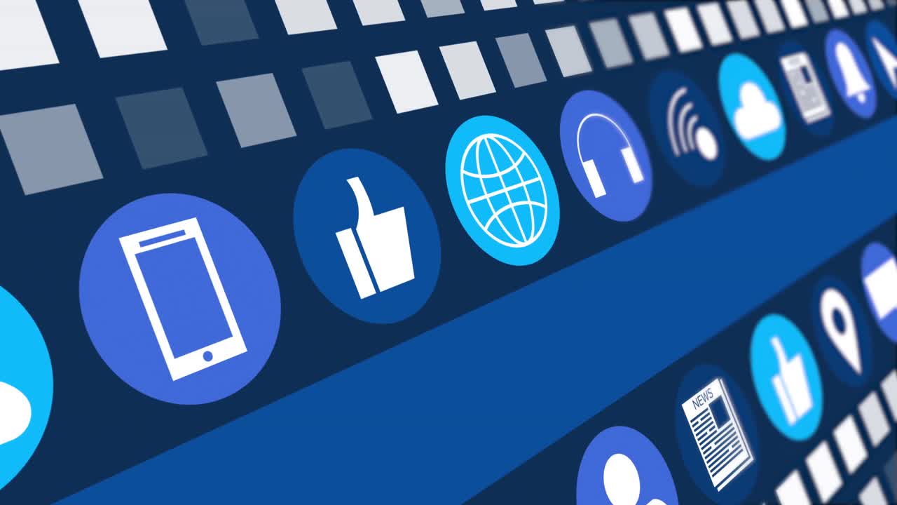 디지털 온라인 아이콘과 어두운 파란색 배경에 움직이는 파란색 줄무 ⁇ 의 애니메이션