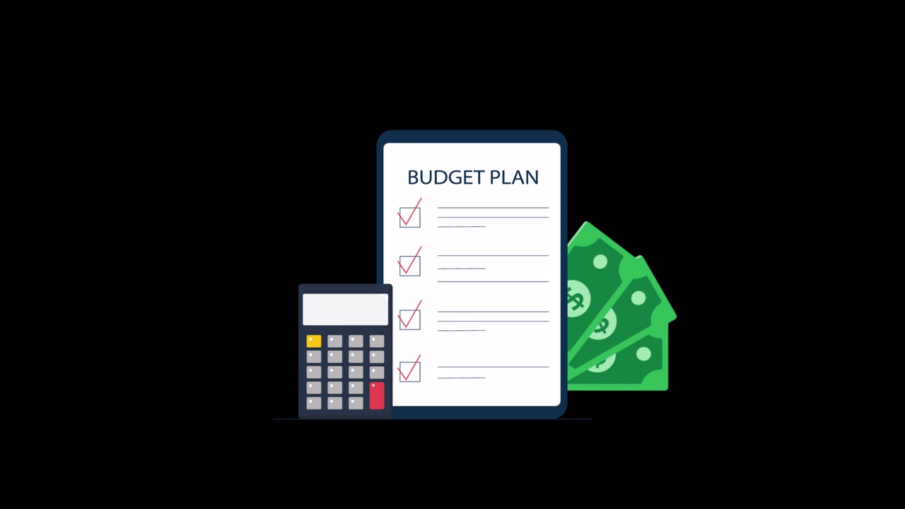 Checklist animata per la pianificazione del budget con calcolatrice e denaro