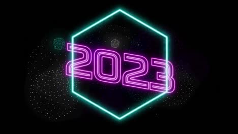 animación de texto de 2023 sobre formas y fuegos artificiales sobre fondo negro