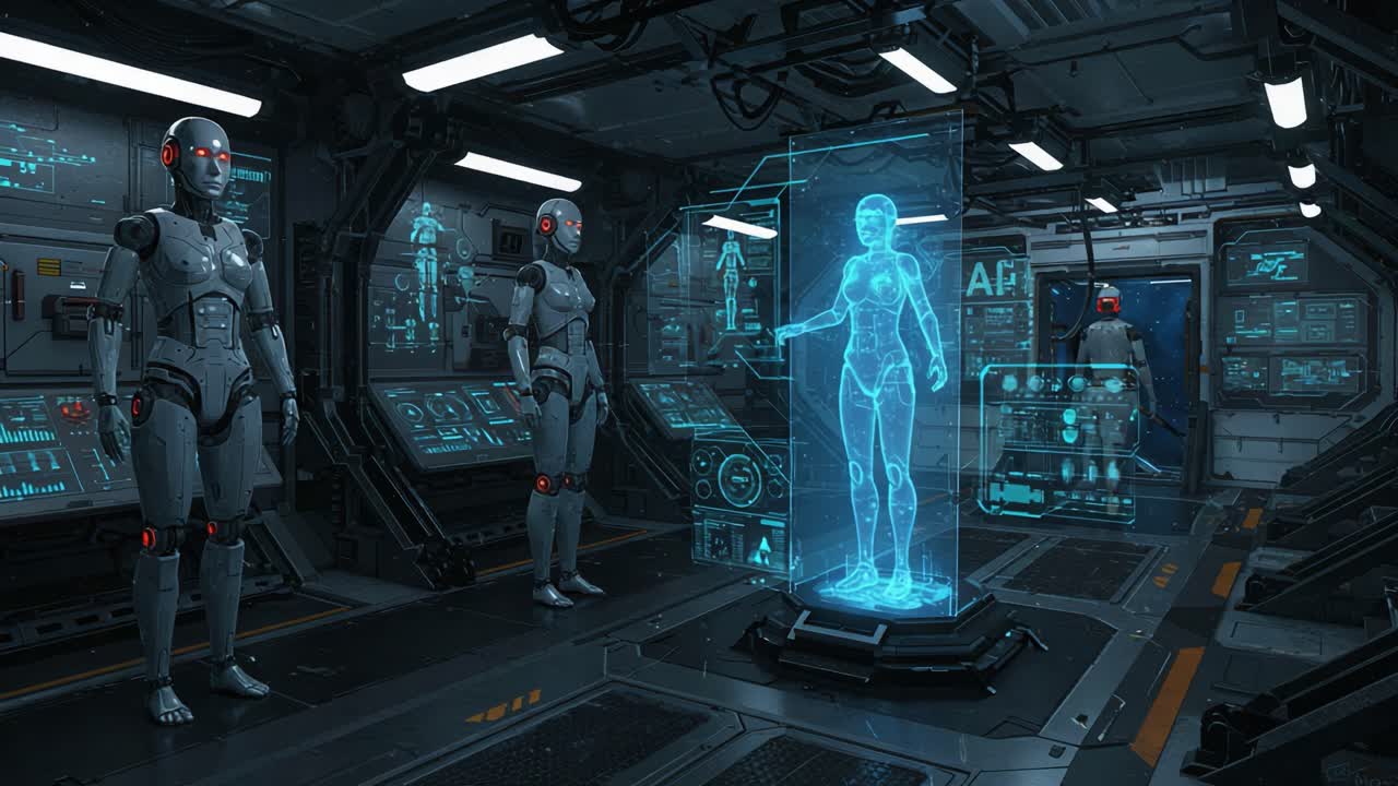 Exploring the Future of Robotics: A Highly Advanced Lab Featuring Holographic Projections and State-of-the-Art Androids in a Sleek, Sci-Fi Environment