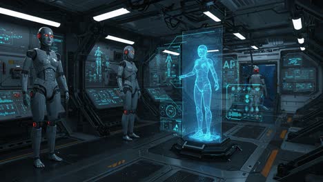 exploring the future of robotics: a highly advanced lab featuring holographic projections and state-of-the-art androids in a sleek, sci-fi environment