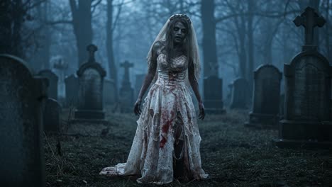 a terrifying and haunting presence emerges from the shadows of a foggy graveyard, revealing a ghostly bride in tattered, bloody attire, evoking both fear and intrigue