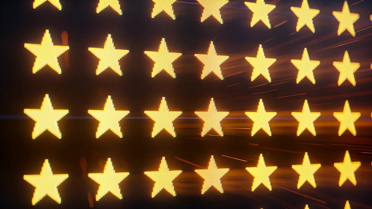 Griglia centrale luminosa di stelle gialle a 5 punte che pulsano su un pannello LED, con scie che creano un effetto di movimento.