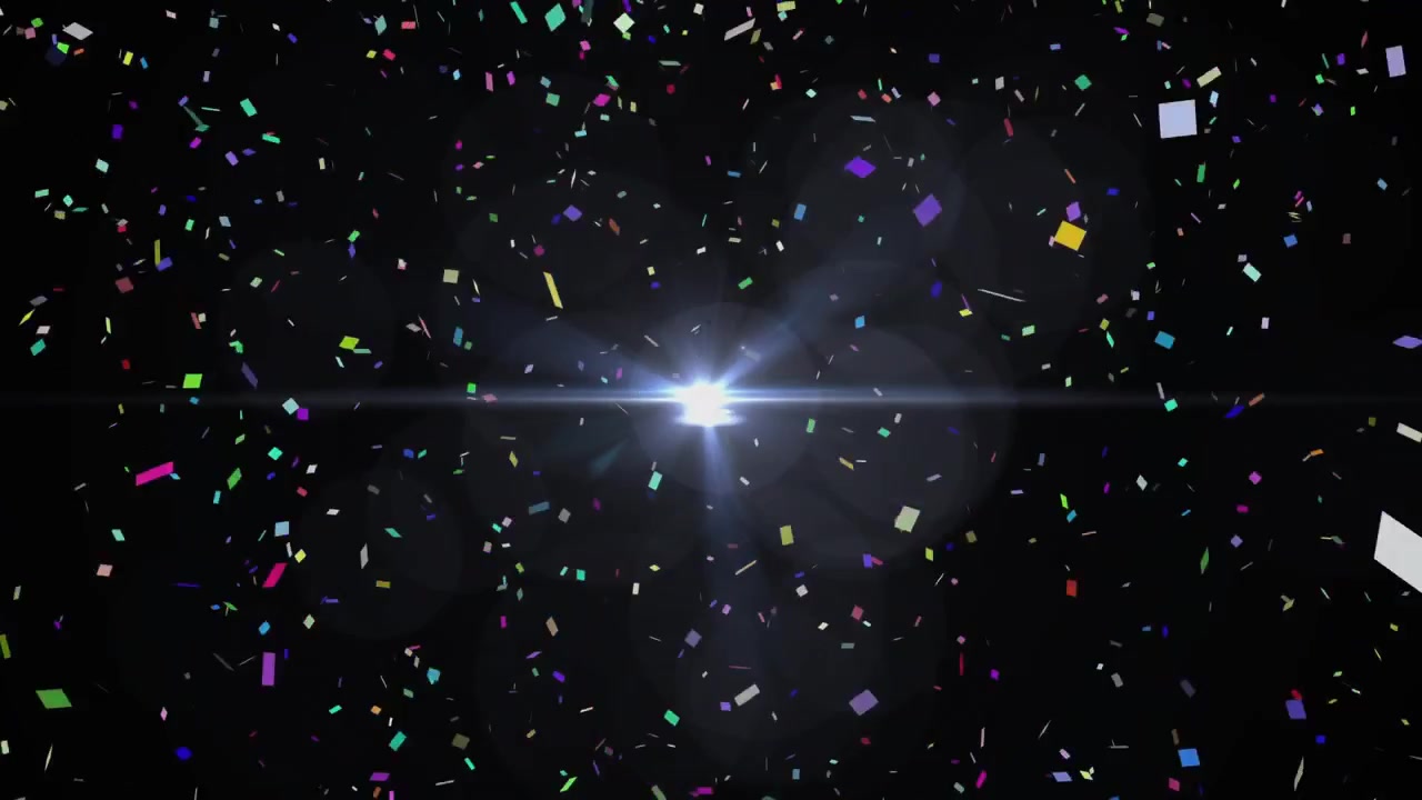 Moving lens flare initiating colored confetti drifting and clustering revealing color shifts