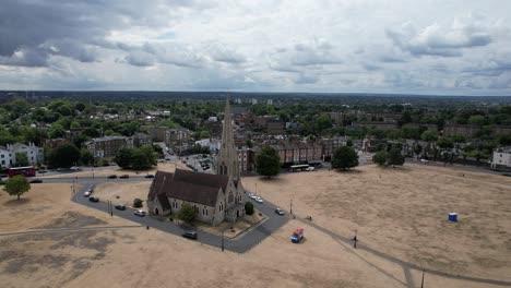 all saints church blackheath london uk drone aerial view in summer drought 2022