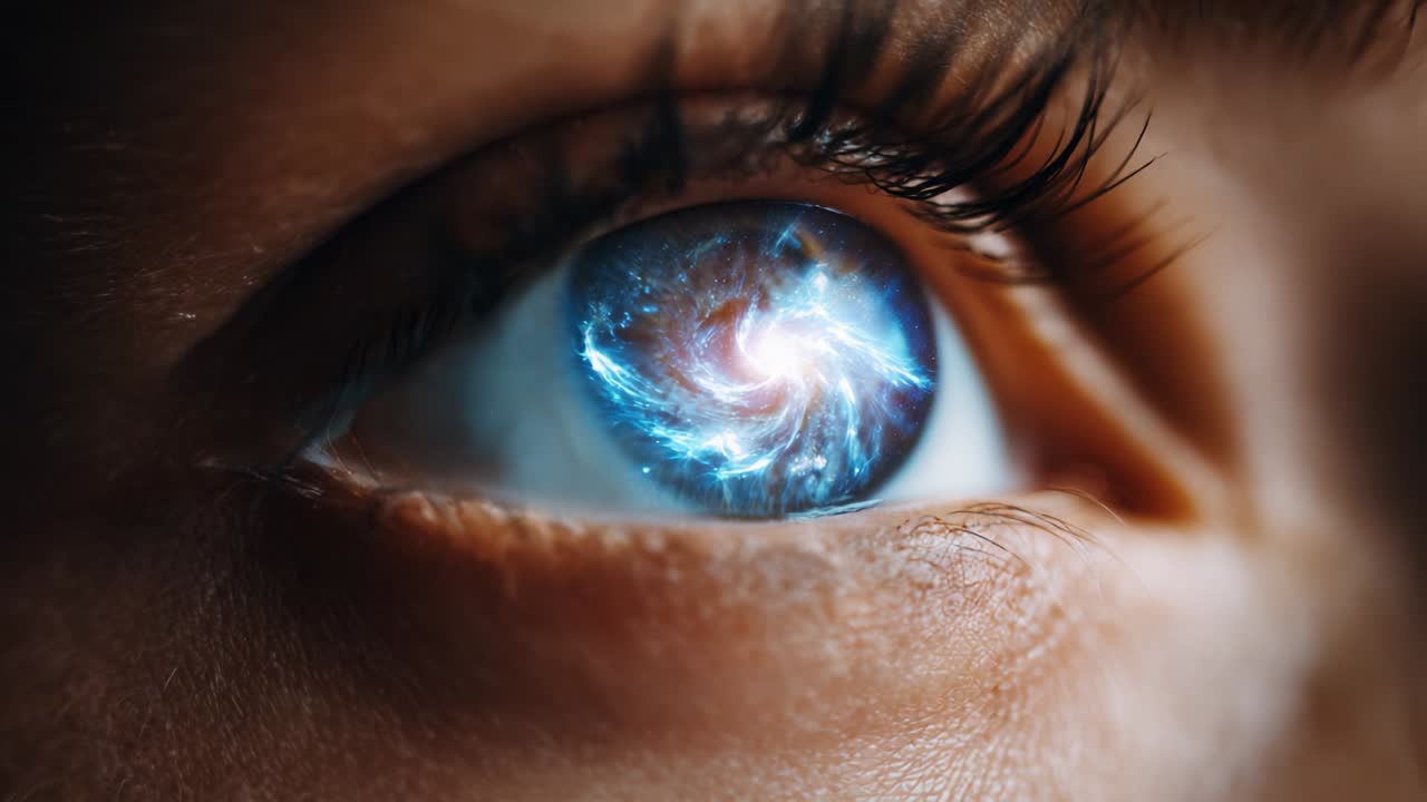 A mesmerizing close-up view of an eye featuring a swirling galaxy within the iris, symbolizing the vastness of imagination and the depth of human perception, blending beauty and cosmic wonder in an intricate detail