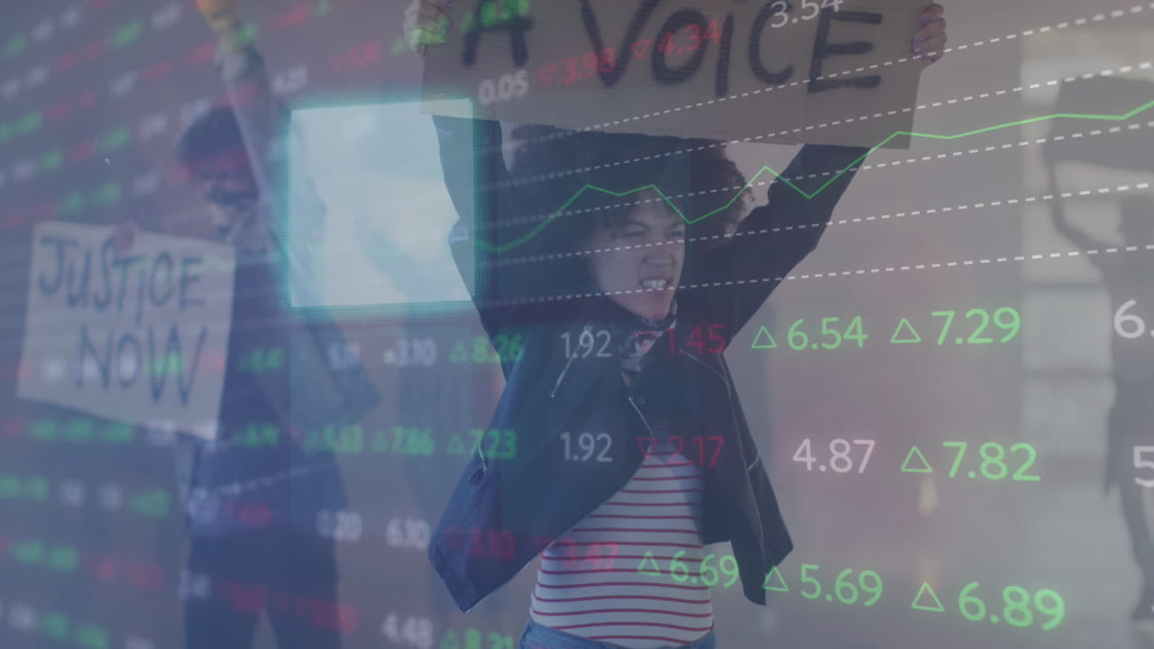 다양한 사람들이 항의하는 금융 데이터 처리의 애니메이션