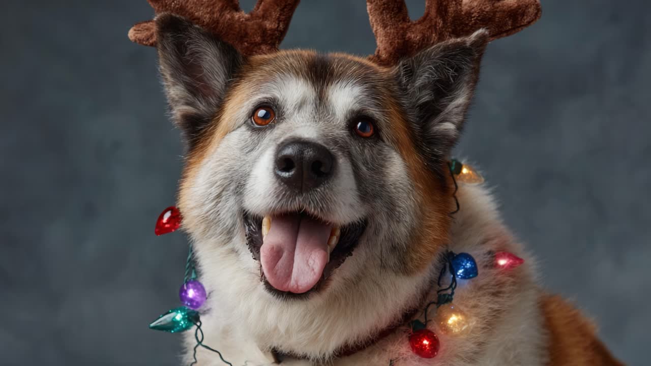 A Joyful Dog Decked Out in Holiday Lights and Reindeer Antlers, Spreading Cheer and Festive Vibes in a Charming Winter Portrait