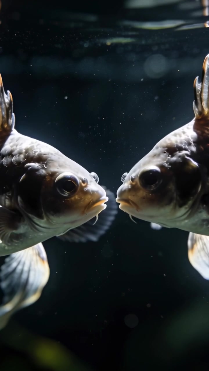 Video verticale: Due pesci rossi in un acquario reagiscono a una piccola bolla, in posa uno di fronte all'altro, con particelle.
