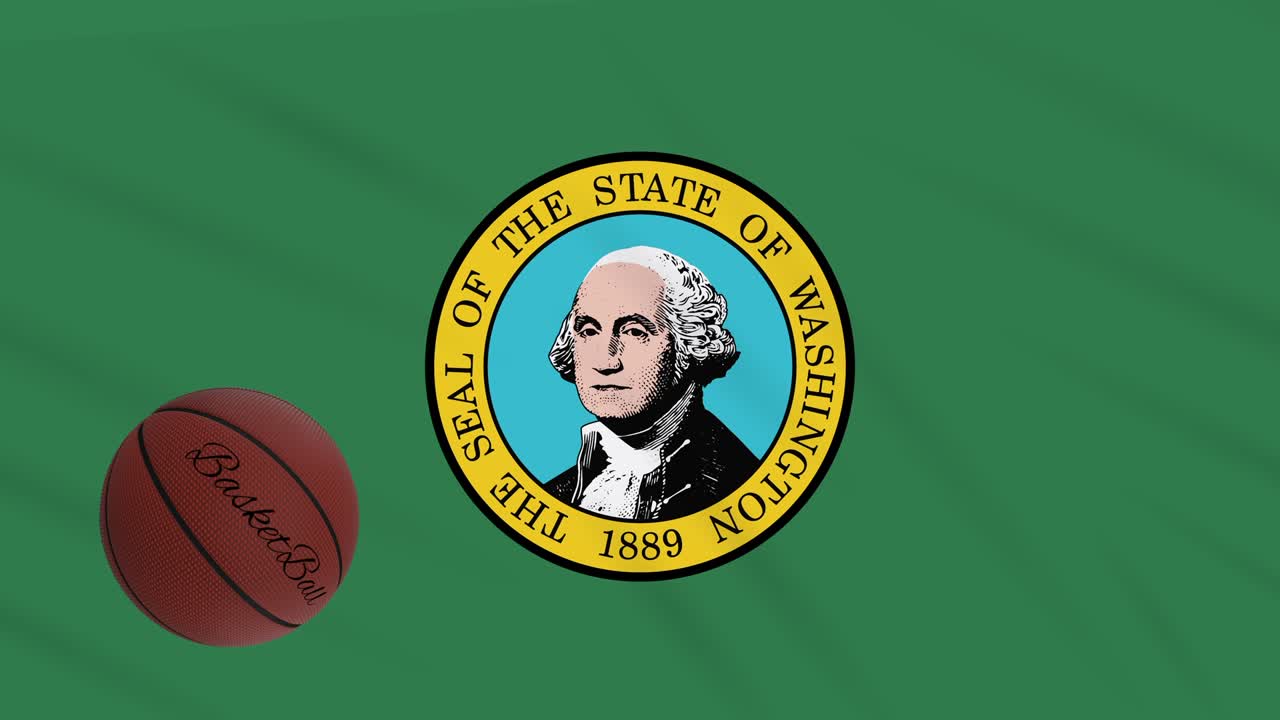 la bandera de washington agitando y la pelota de baloncesto girando, bucle